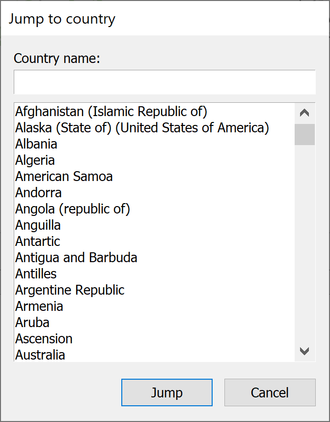 Jump to Country Dialog