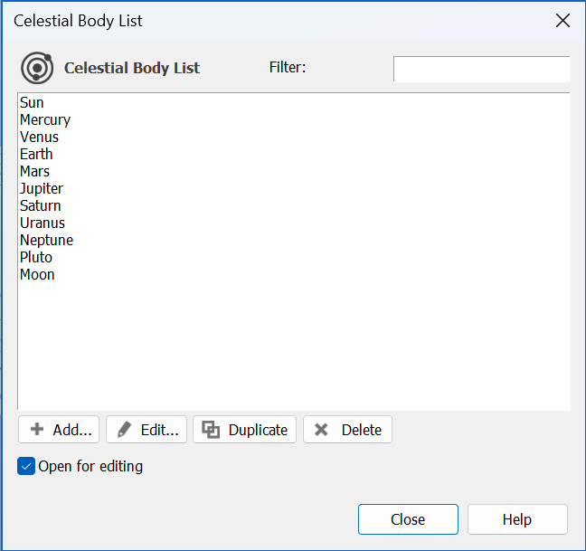 Celestial Body List