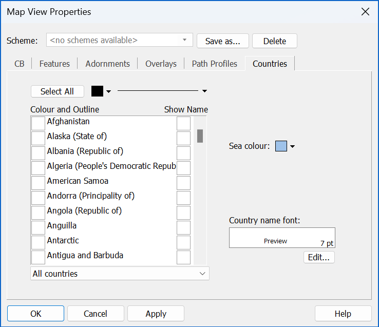 Map View Properties Countries Tab