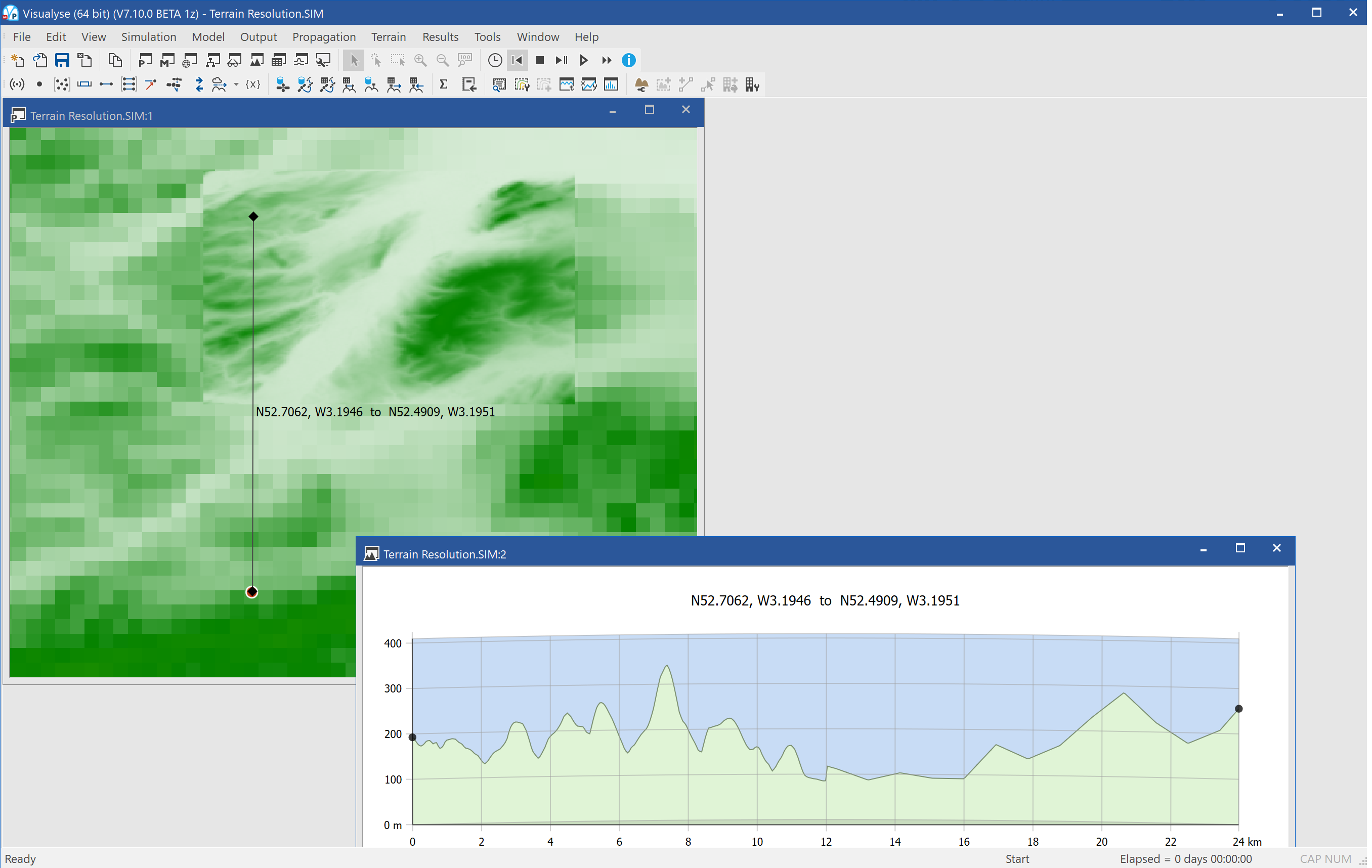 Simulation with overlaid terrain