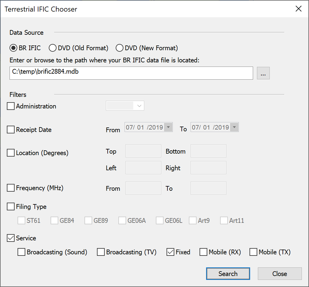 Terrestrial IFIC Search Dialog