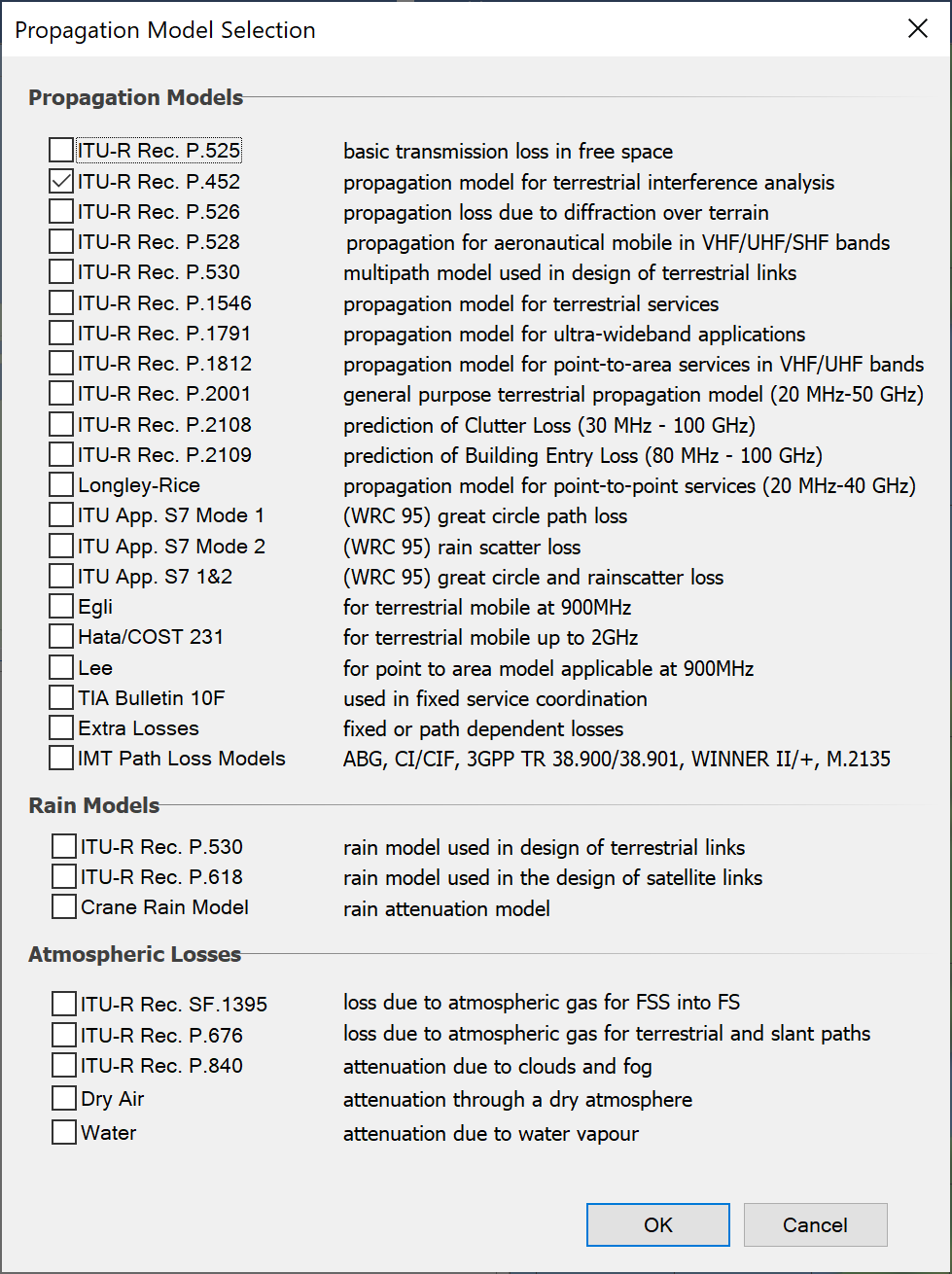 Propagation Models Dialog